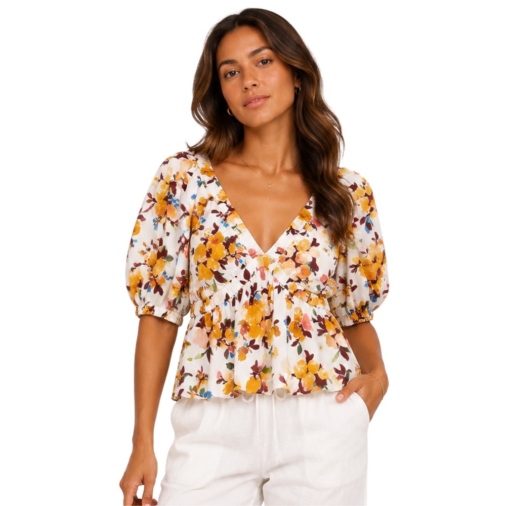 Abercrombie & Fitch Top‎ Womens Small White Yellow Floral Puff Sleeve Babydoll